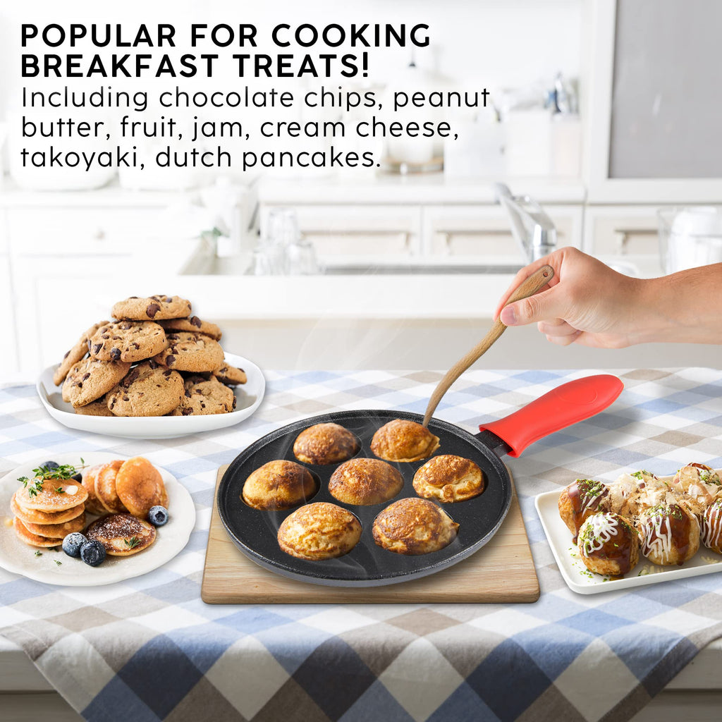 Cast Iron Aebleskiver Pan - Ideal for Mini Pancake Mold, Cake Pop Pan, and Takoyaki Maker - Danish Stuffed (Red)