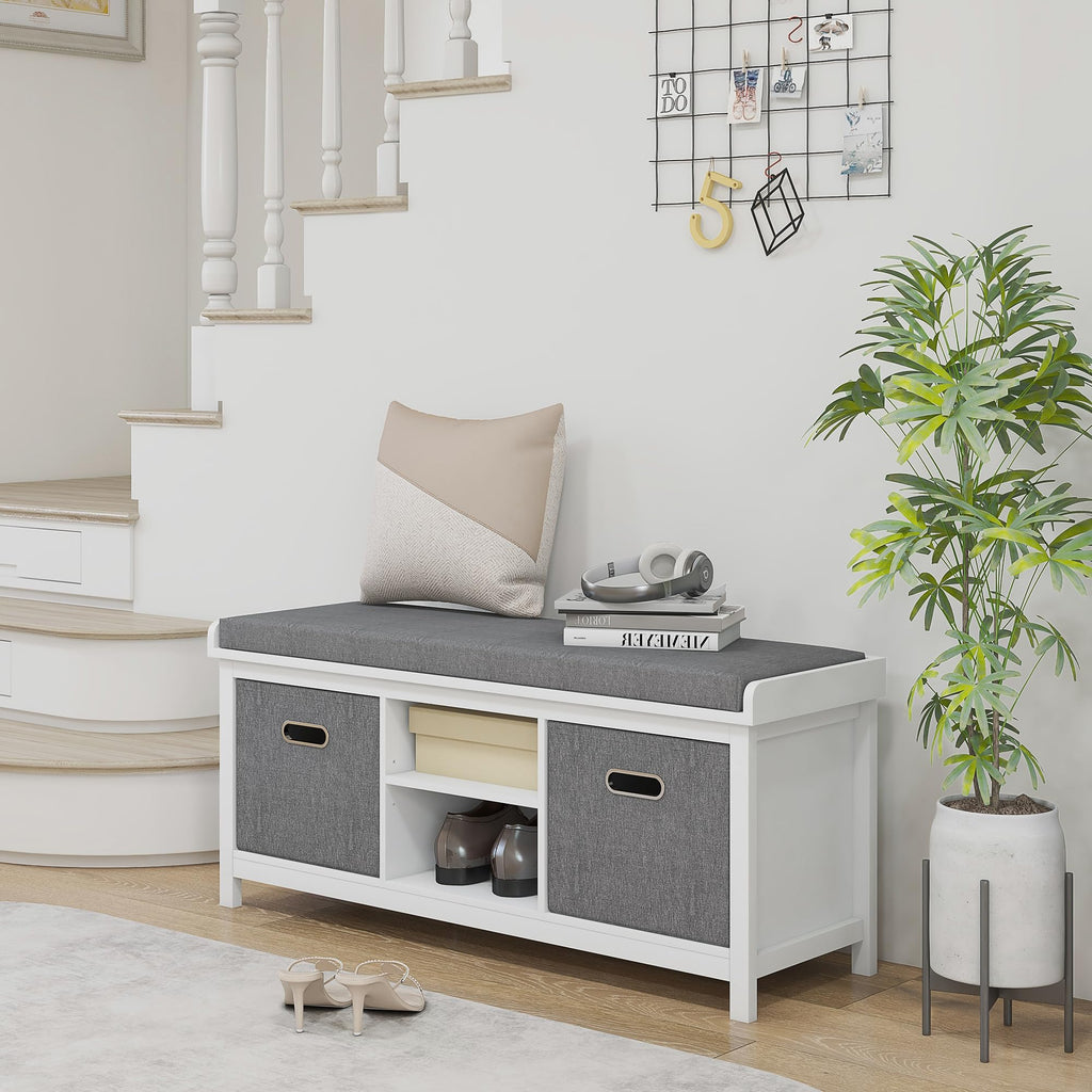 Shoe Bench with Cushion, Padded Seat, 2 Drawers, White