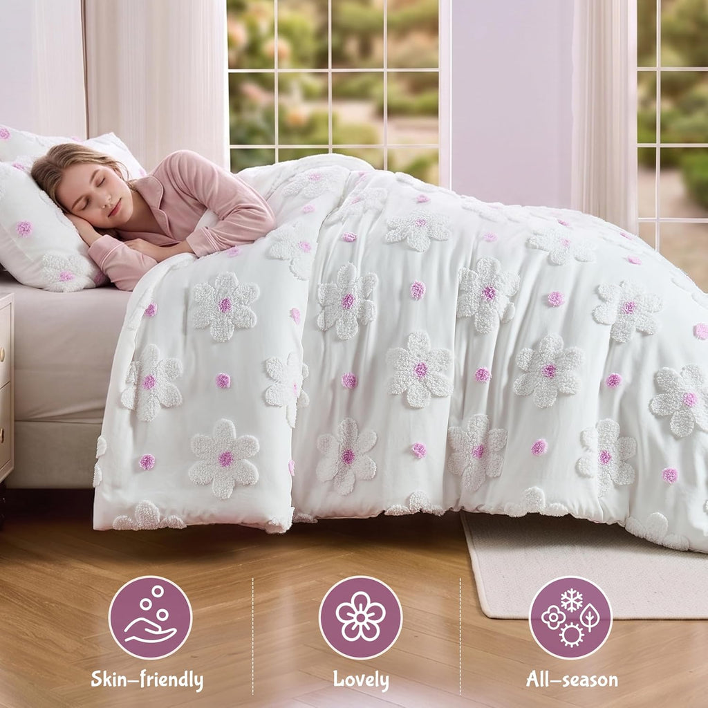 Full Comforter Set for Girls 3 Pieces Soft Pink Tufted Daisies Flowers Bedding Set Bed in A Bag Cute Floral Comforter