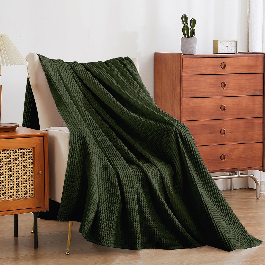 100% Cotton Waffle Throw Blanket for Bed King Size Olive Green, 104" x 90"
