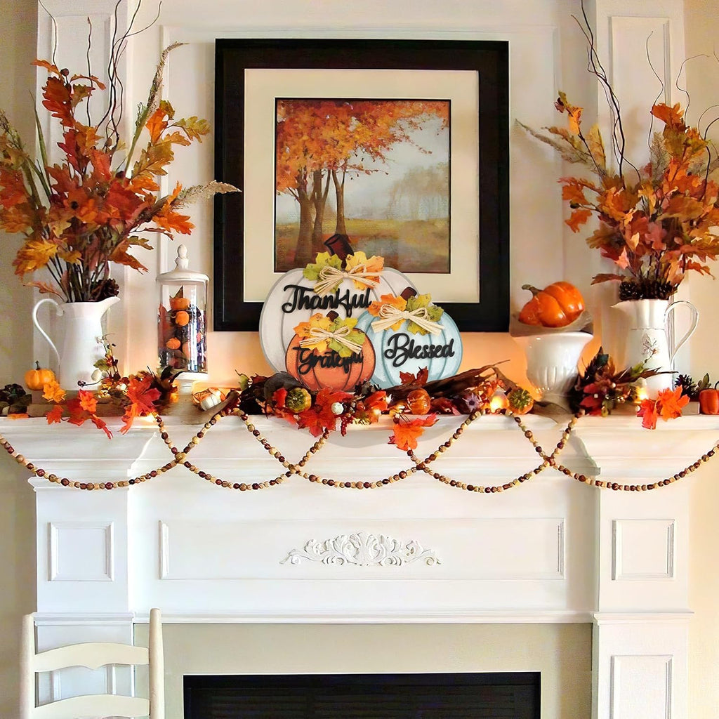 Fall Pumpkin Decor Wooden Table Sign Thankful Blessed Grateful Tabletop for Autumn Farmhouse Vintage - Set of 3