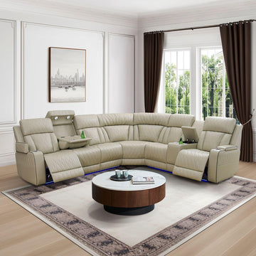 Power Recliner Sofa Sectional Sofa with LED Light, Air Leather Reclining Corner Sectional Sofa Set, Cup Holder