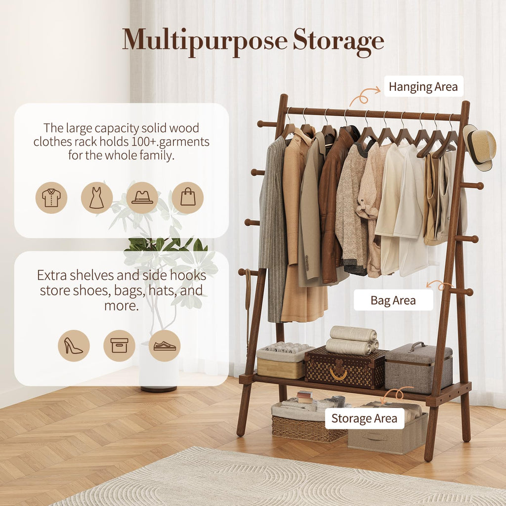 Solid Wood Clothes Rack - Heavy Duty Clothing Racks for Hanging Clothes with 8 Hooks, Portable Garment Rack for Dress