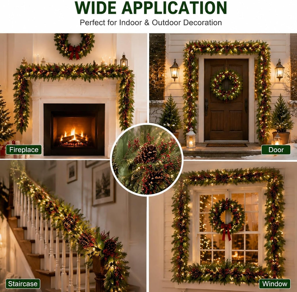 Lighted Christmas Garland 9Ft Operated Pinecone Berry Decor