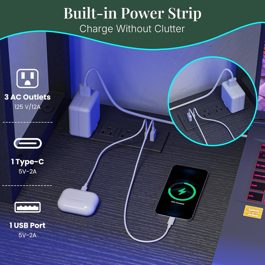 53" L Shaped Gaming Desk Reversible Corner Desk | Computer Desk with Power Outlet, Writing Table with LED Lights