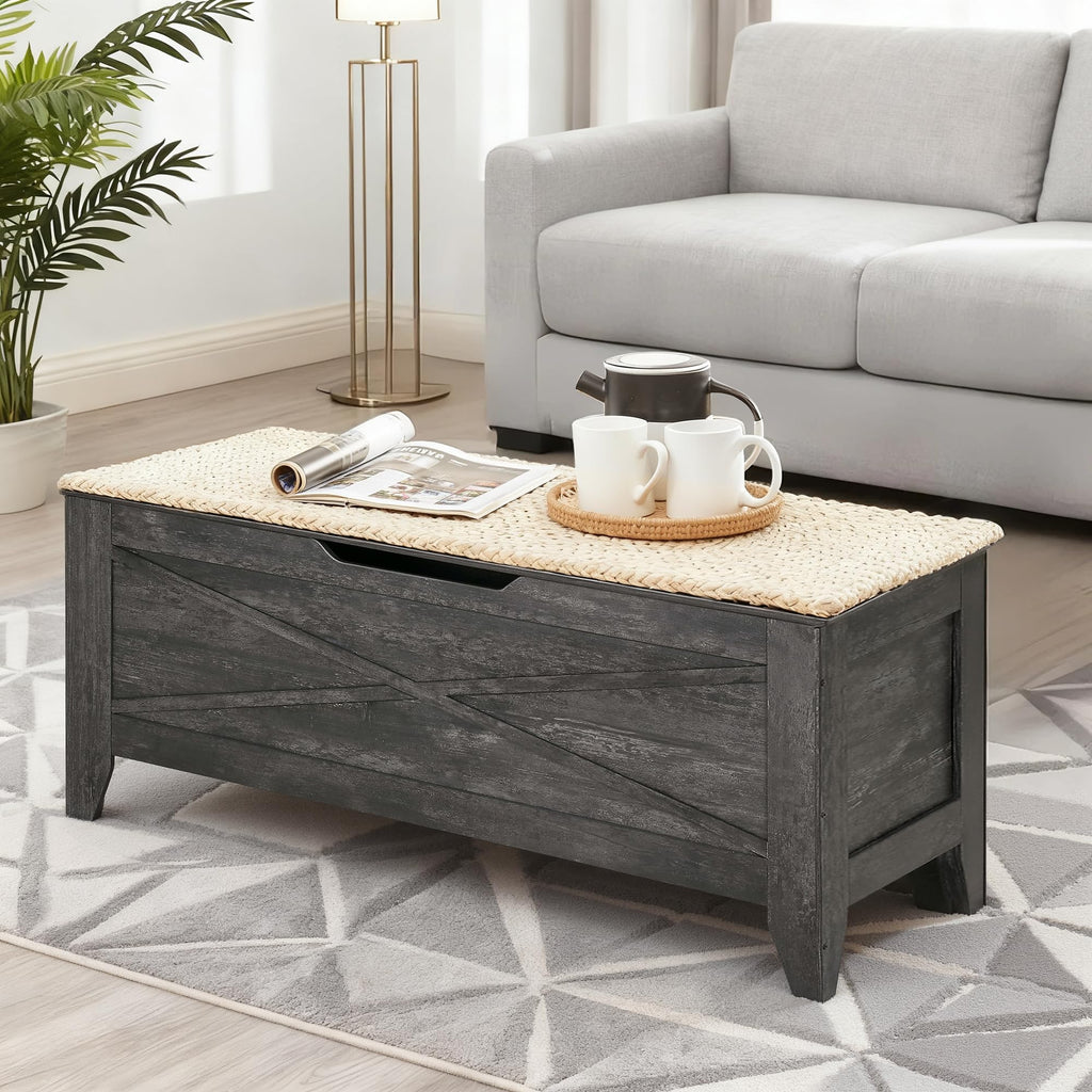 43.3" Storage Bench, Entryway Shoe Ottoman, Farmhouse Style Bench with Handwoven Cushion and Metal Safety Hinges, Gray