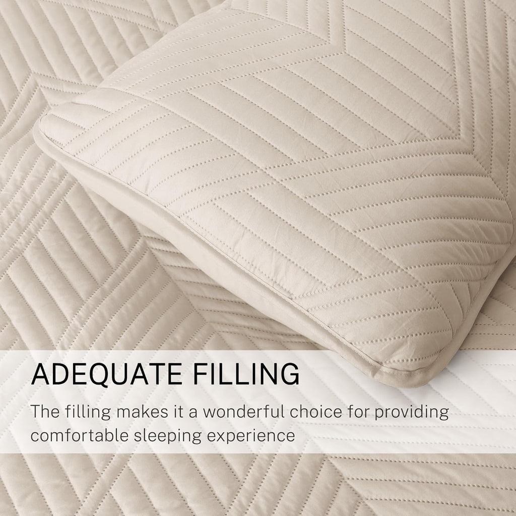 Ultrasonic Full Queen Quilt Bedding Set, Lightweight Brich Beige Bedspreads Soft Modern Geometric Coverlet Set for