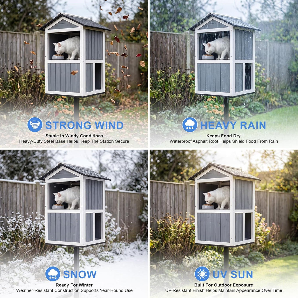 2 Story Outdoor Cat Feeding Station & Shelter, Weatherproof Elevated Feral Cat House with Steel Stand, Feeding