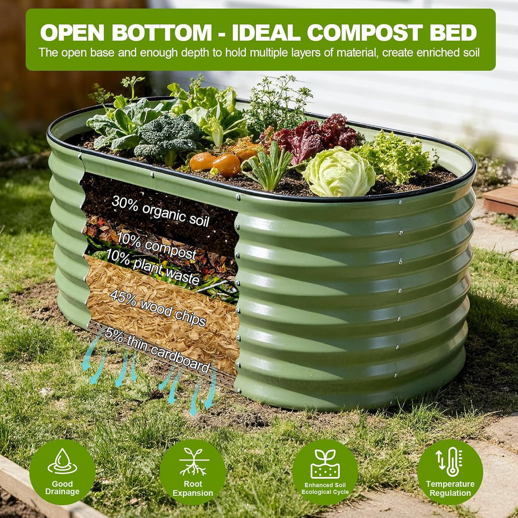 24" Tall Galvanized Raised Garden Bed Outdoor, 4x2x2ft, Green | Deep Metal Planter Box, Safety Edging, Support Bars