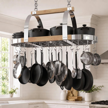 Natural Rubberwood 39 Inch Large Hanging Pot Rack, 130 LBS Capacity
