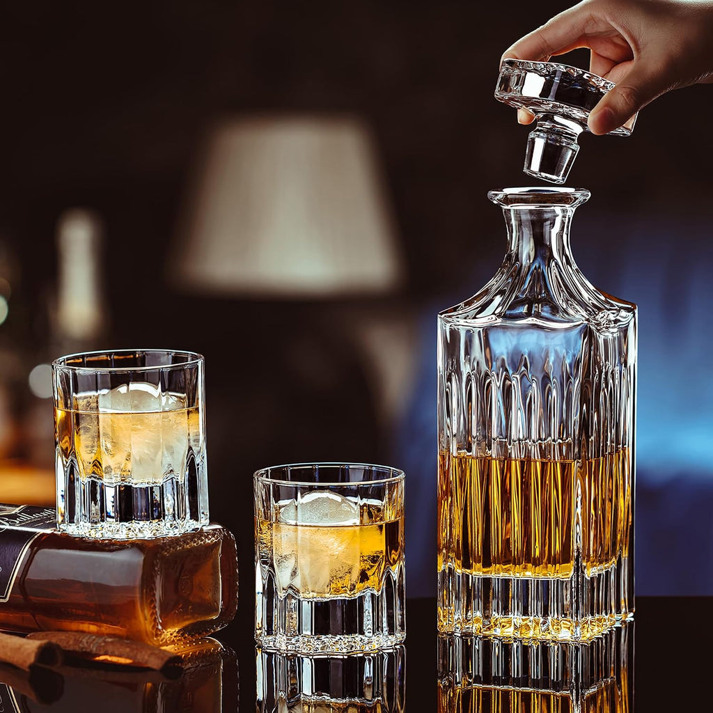 13-Piece Whiskey Decanter Gift Set for Men, 27oz Lead-Free Liquor Decanter with 6 x 7.5oz Heavy Base Glasses & 6 Ice - Set of 13