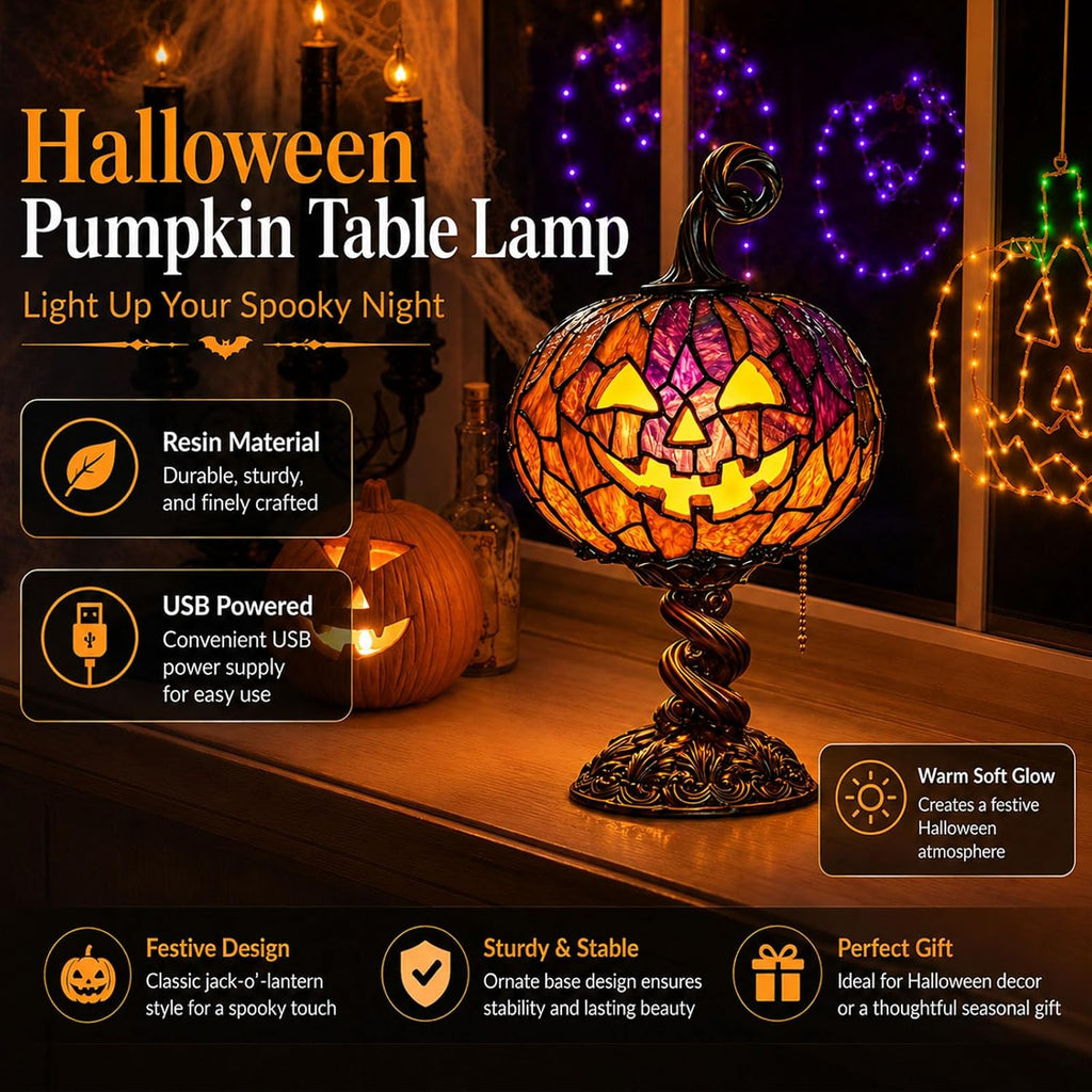 Halloween Stained Glass Pumpkin Lamp, Decorative Table Lamp Decor