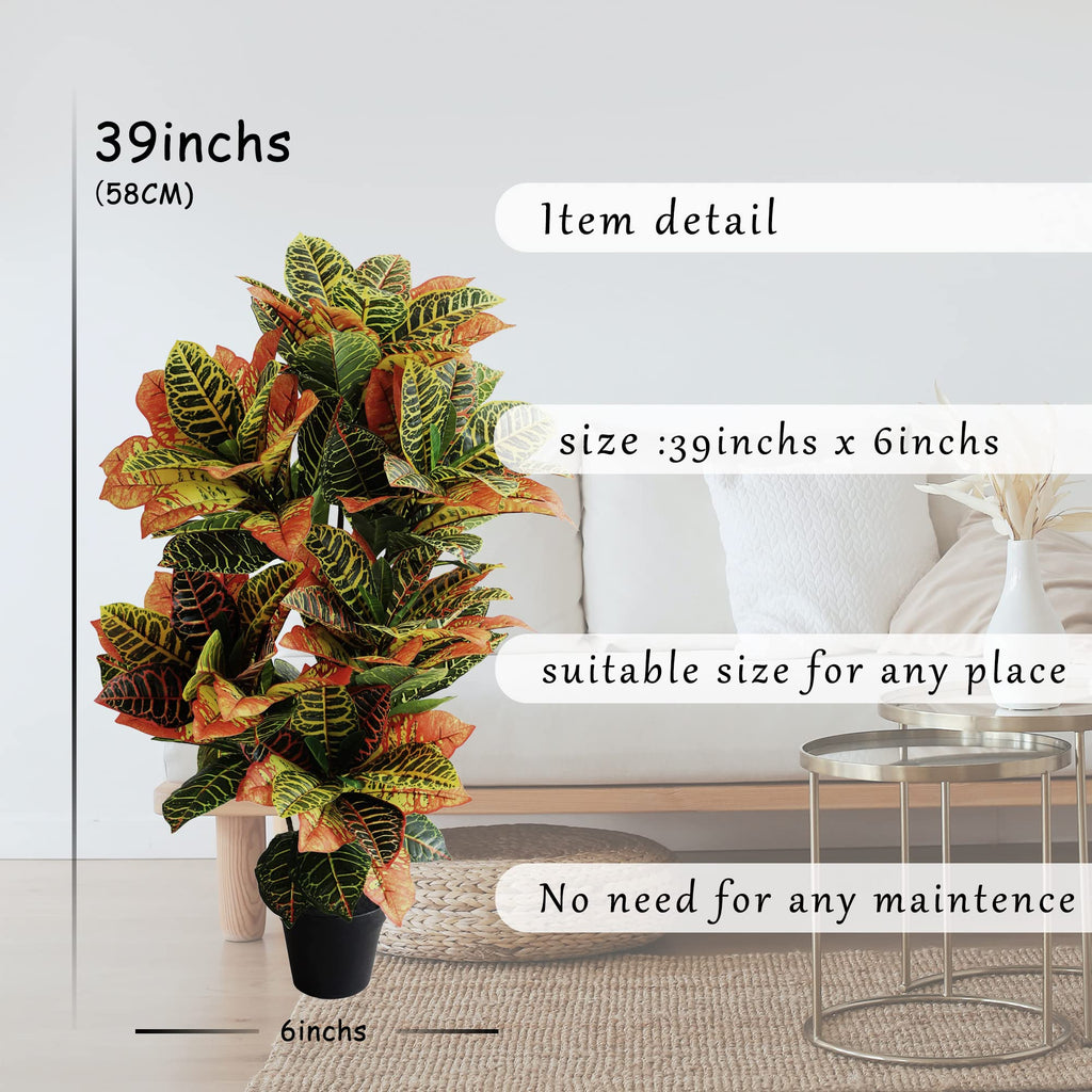 Artificial Croton Plant, 39inch Faux Fiddle Leaf fig Tree, Artificial Trees Decor, Ficus Lyrata Tree with Plastic