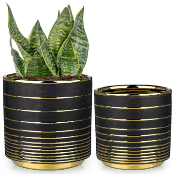 Black Ceramic Plant Pots, 5.5 + 6.2 Inch Gold Striped Panters for Plants, Modern Flower Pots, Indoor Planters with