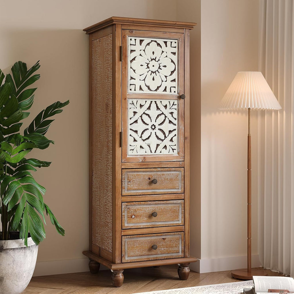 54" Weathered Solid Timber Freestanding Storage Chest, Accent Cabinets with Hollow Cut Magnetic Door, Utility