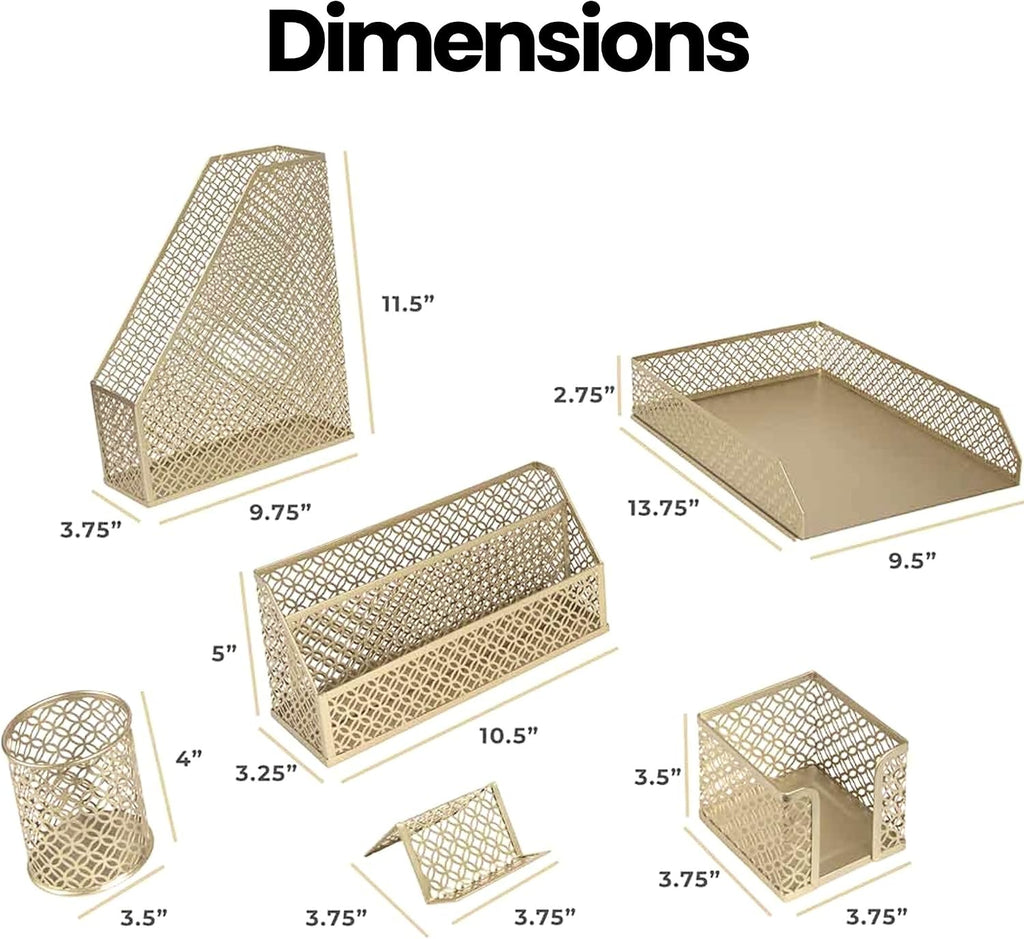 Gold Desk Organizer Set with Mail Sorter, Sticky Note Holder, Pen Cup, Magazine Holder, Letter Tray & Business Card