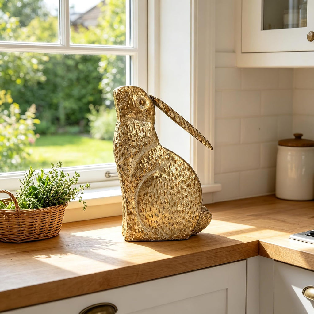 Vintage Rustic Gold Easter Bunny Figurine - 11.81" Tall Metal Rabbit Statue, Spring Farmhouse
