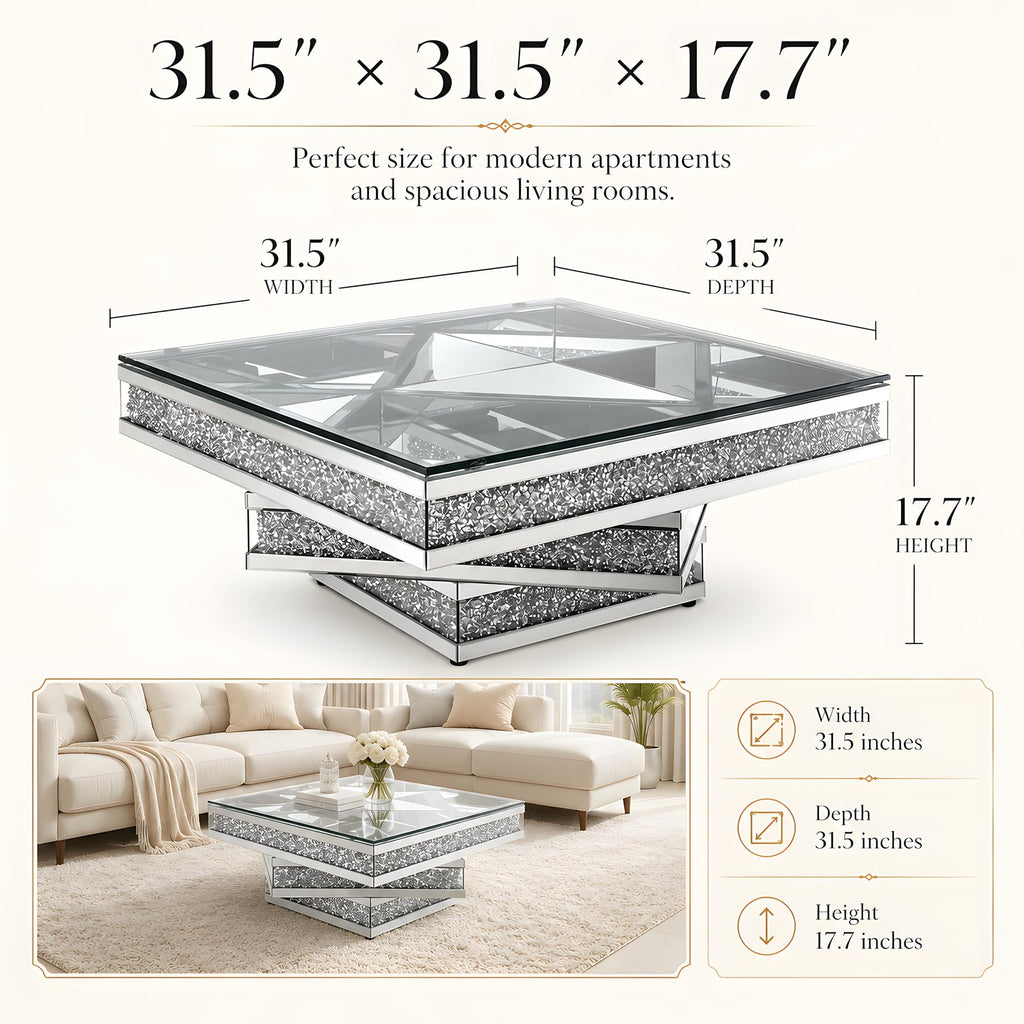 Mirrored Coffee Table with Crushed Diamonds, 31.5" Square Glass Center Table, Drop-Tested Shatterproof Packaging