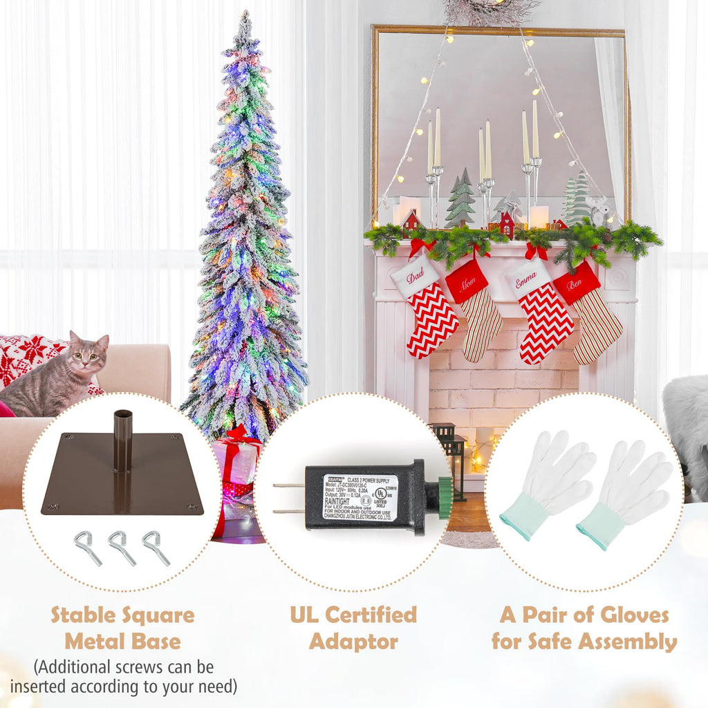 6ft Pre-Lit Snow Flocked Pencil Christmas Tree with 11 Light-Modes