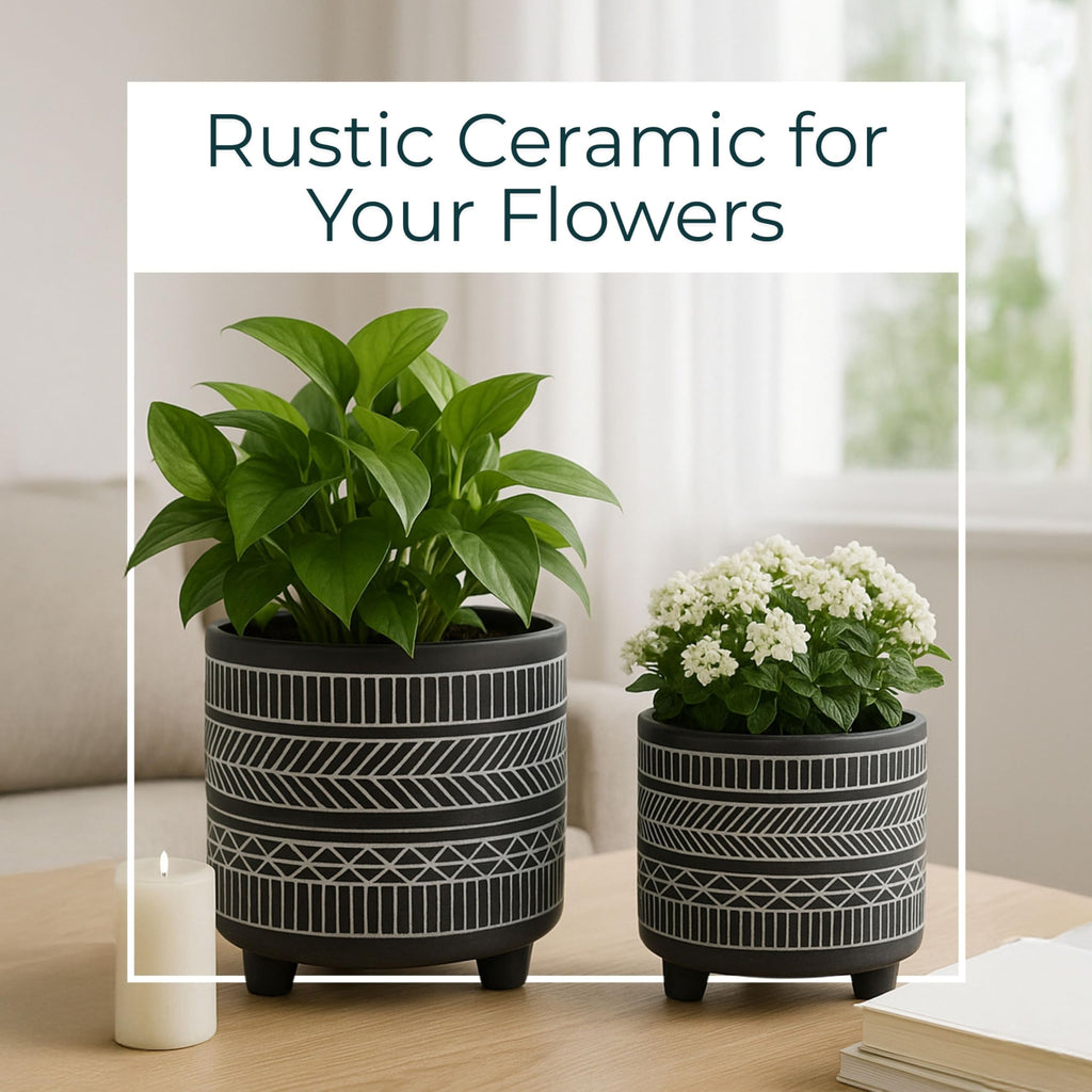 Set of 2 Tribal Look Footed Decorative Planter Pot - Ceramic Stoneware Outdoor and Indoor Plant Pot - Modern Garden