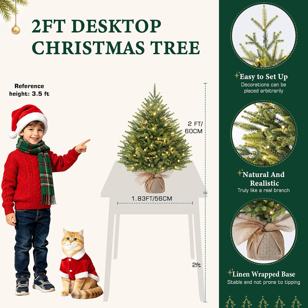 2ft Prelit Artificial Mini Christmas Tree for Tabletop Desk Decor
