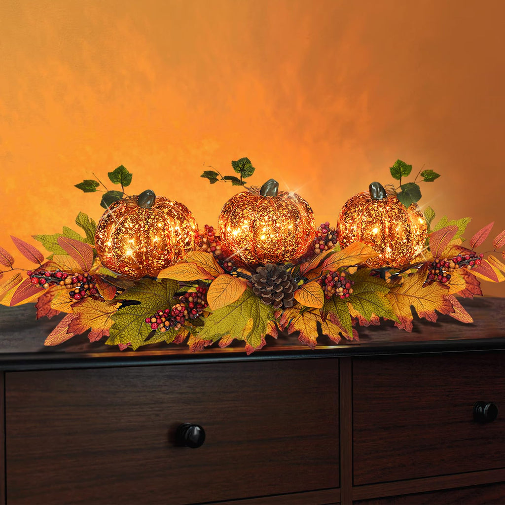 Fall Centerpieces for Table, Lighted LED Sparkle Pumpkins Battery Operated with Timer for Thanksgiving Autumn Harvest