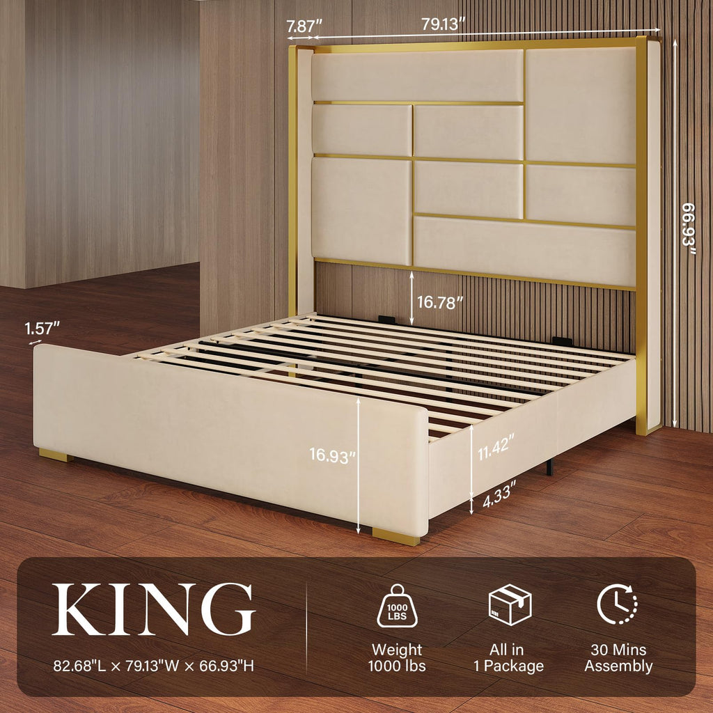 King Size Bed Frame with Gold Trim Headboard, 66.9" Tall Bed, Beige