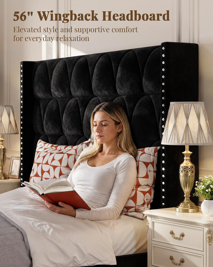 King Size Bed Frame with 56" Headboard - Velvet Upholstered Wingback Platform Bed Frame, Noise Free, Sturdy Wooden
