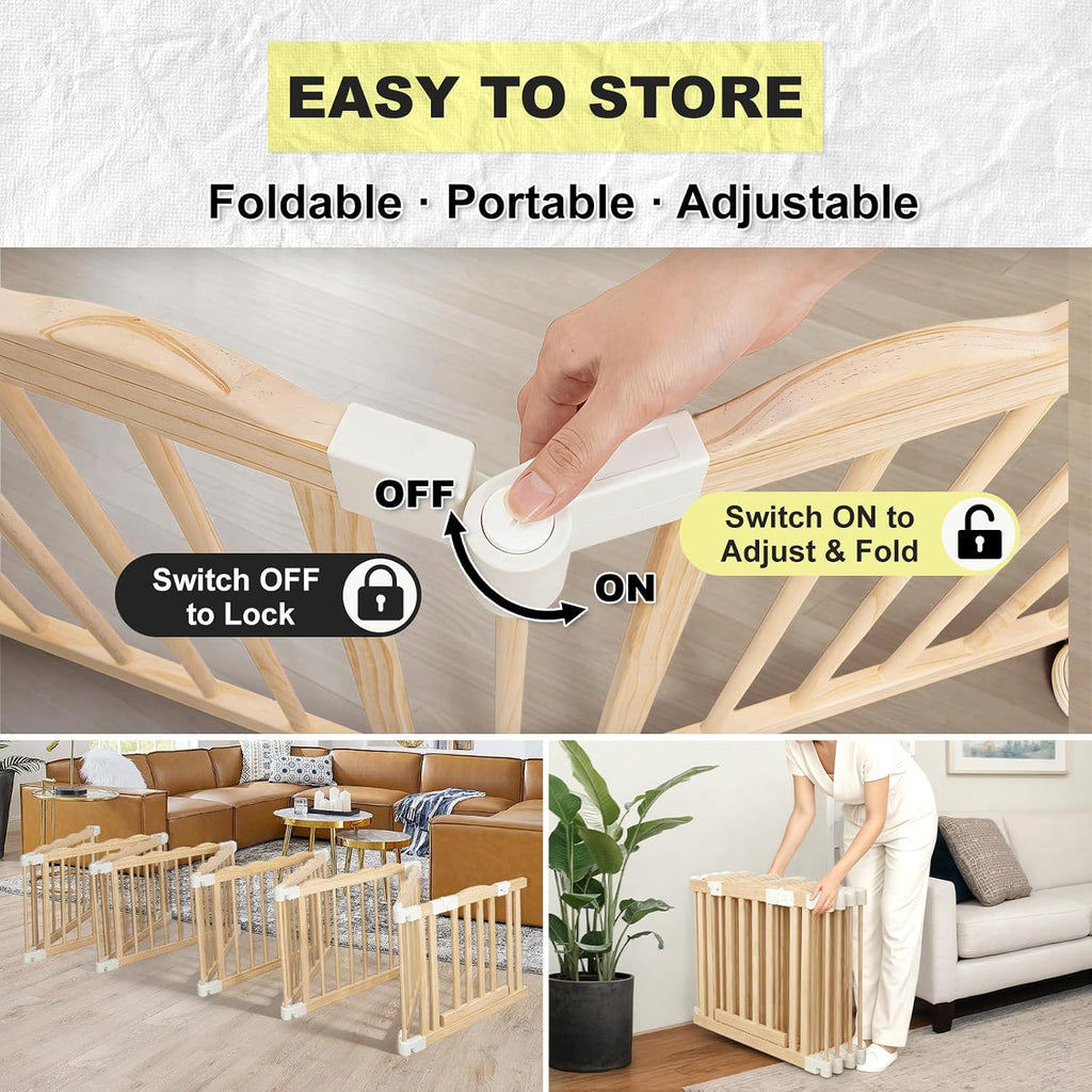 Foldable Wooden Playpen for Babies and Toddlers, Pre-Assembled Baby Playpen, Solid Wood Indoor Play Yard, Large Baby
