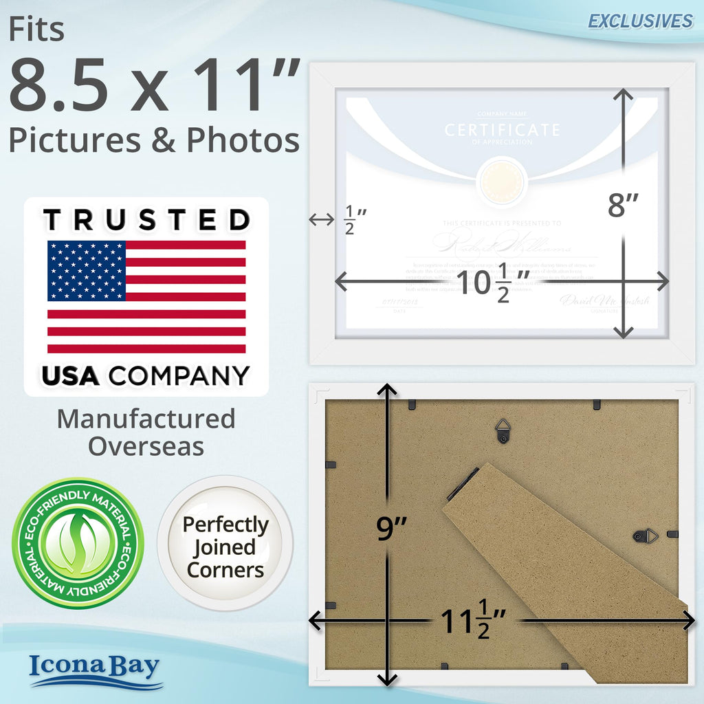 8.5x11 Diploma Frames, White, 12 Pack, Sturdy Wood Composite Frame