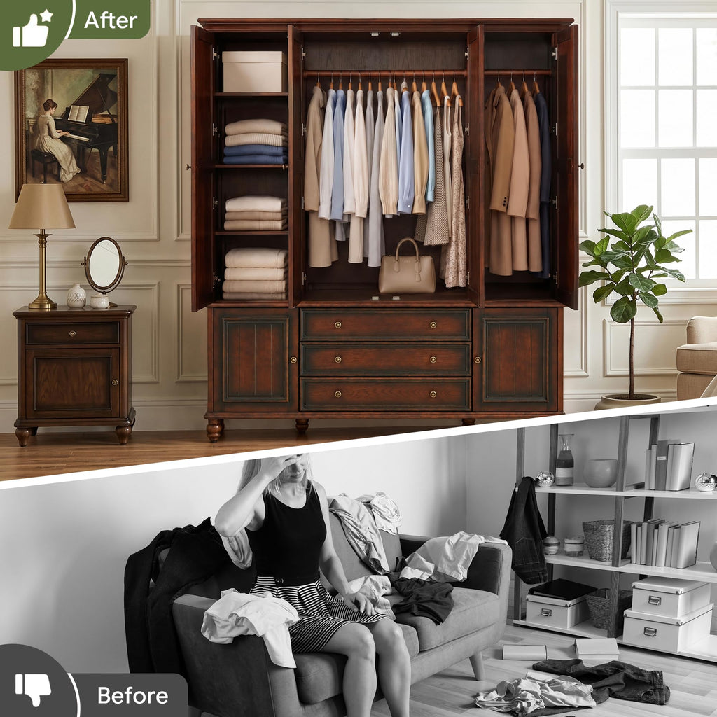 Solid Wood 4 Door Wardrobe Armoire,Vintage Cherry Finish