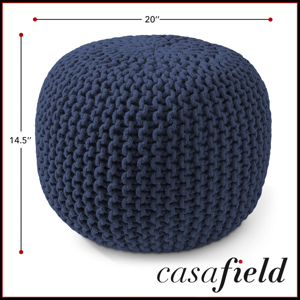 Round Pouf Ottoman, Navy Blue - 20" Diameter x 14.5" High Cotton Knit Foot Stool - Boho Floor Pouffe