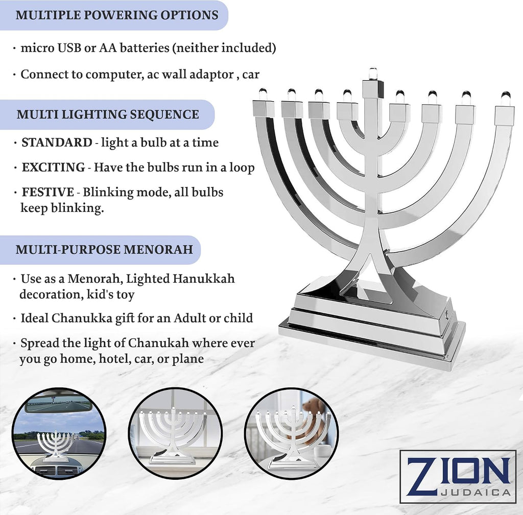 Mini Electric LED Battery or USB Powered - Push Button Multi Light Settings - Hanukkah Battery Operated Minorah Small