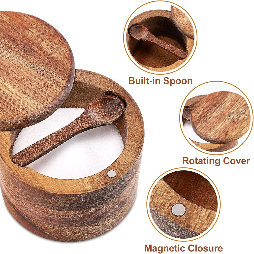 Acacia Wood Salt and Pepper Bowl, Nature Wood Salt Cellar and Spices Storage Box With Built-in Spoon and Magnetic
