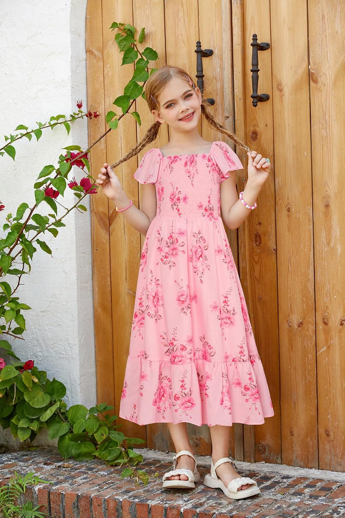 Girls Flutter Sleeve Floral Maxi Dress Spring Summer
