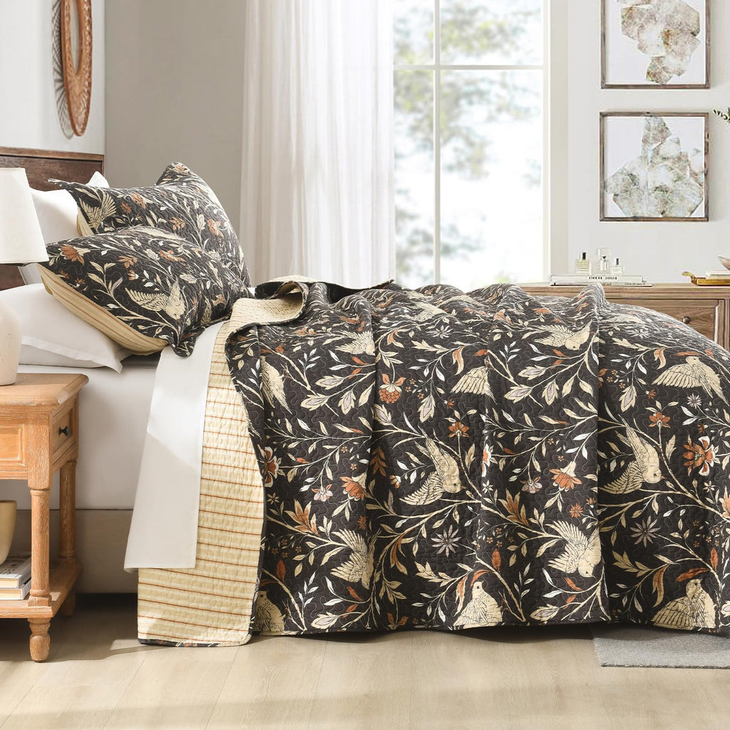 100% Cotton Quilt Set - Floral Quilted Comforter, Reversible Botanical Bird Pattern Farmhouse Quilt