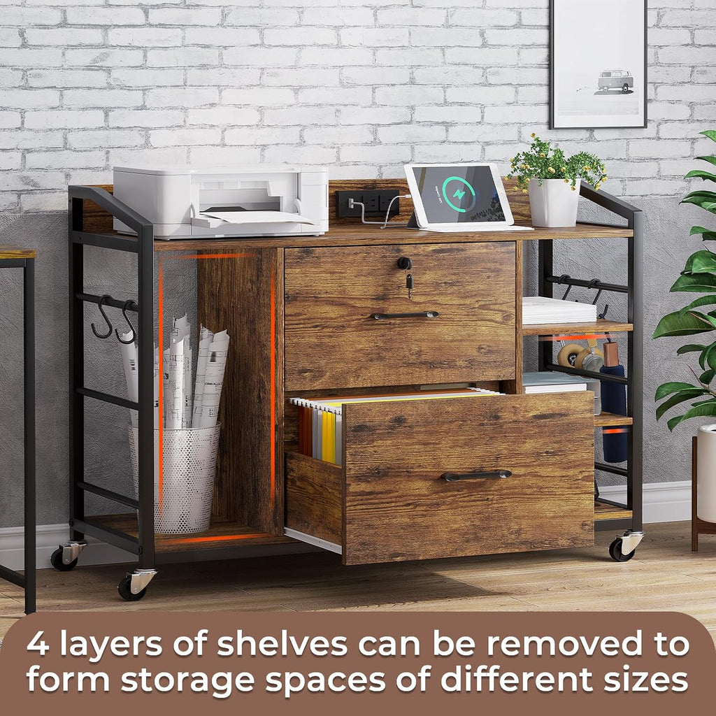 44" File Cabinet with Lock, Filing Cabinet fits Legal/Letter Size | Rustic Brown Lateral 2 Drawer Filing Cabinets