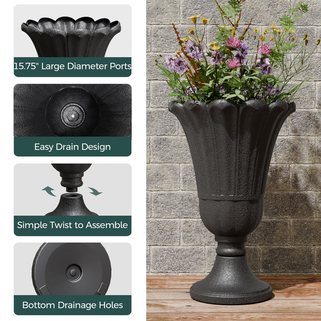 Tall Plastic Urn Planters and Pedestal - 24" Outdoor Planter Black