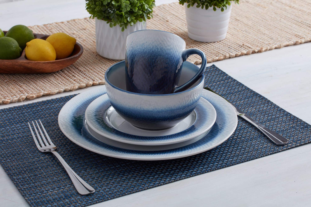 Eclipse Blue 16-Piece Stoneware Dinnerware Set, Service for 4 with Dinner Plates, Salad Plates, Bowls and Mugs