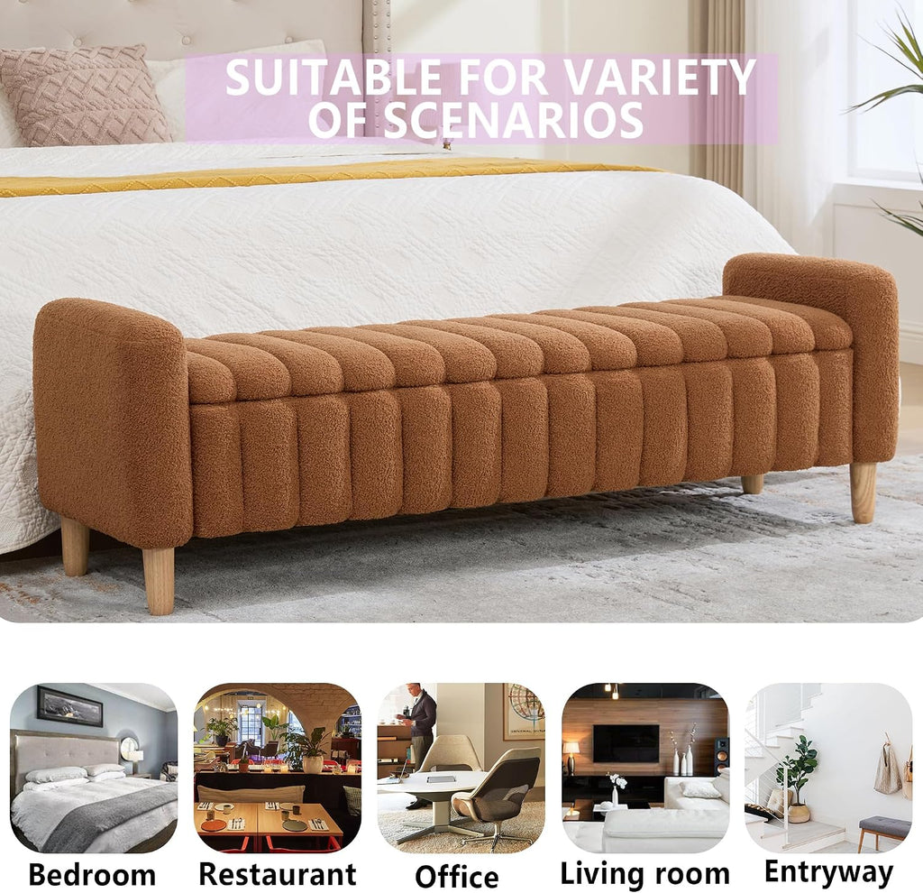 Teddy Caramel Ottoman Bench with Storage,63.4" Armed Long Storage Benches for Bed End King Size,Channel Tufted