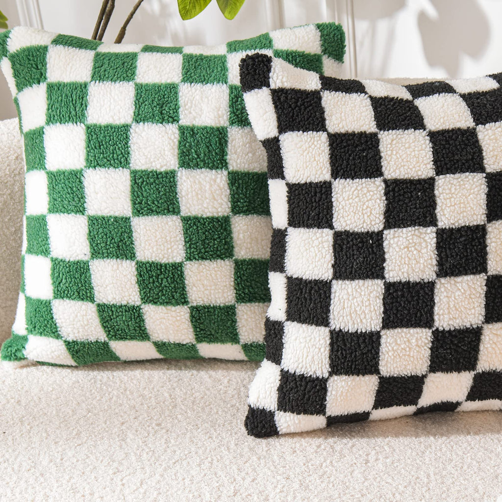 Decorative Throw Pillow Covers - Soft Sherpa Checkerboard Cushion Covers Faux Fur Pillow Cases for Sofa Bedroom