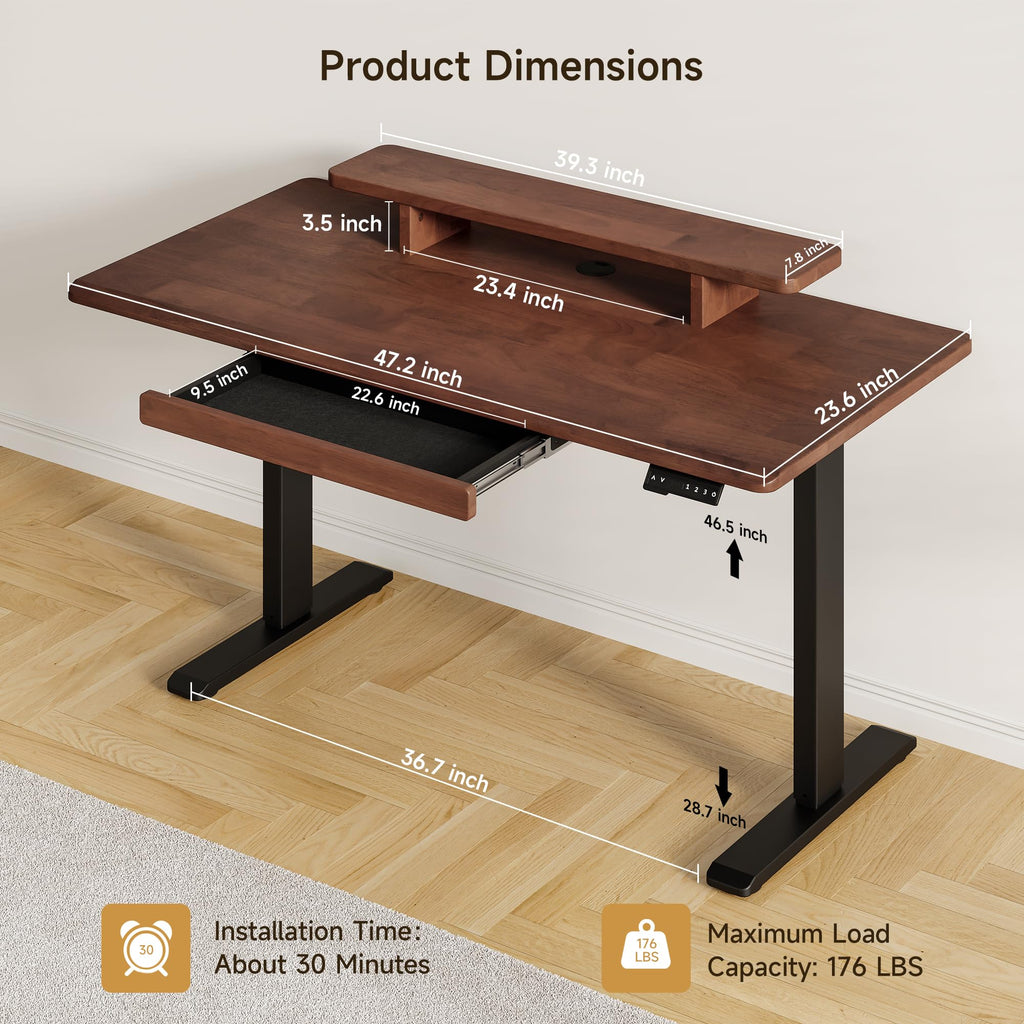Standing Desk with Drawer, 47x23.6 Inches Solid Wood Stand Up Desk