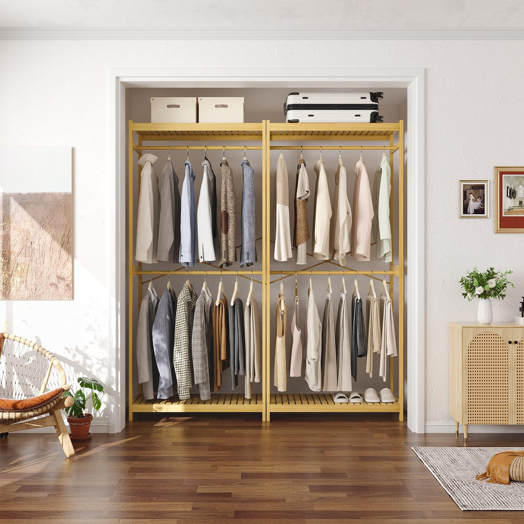 Bamboo Clothing Rack with Shelves, 33.5" Wide Clothes Rack, 78.8" H