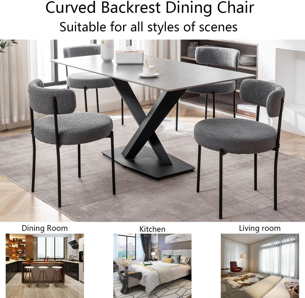 Grey Boucle Set of 2, Upholstered Dining Room Chairs with Black Metal Legs, Round Modern Dining Chair