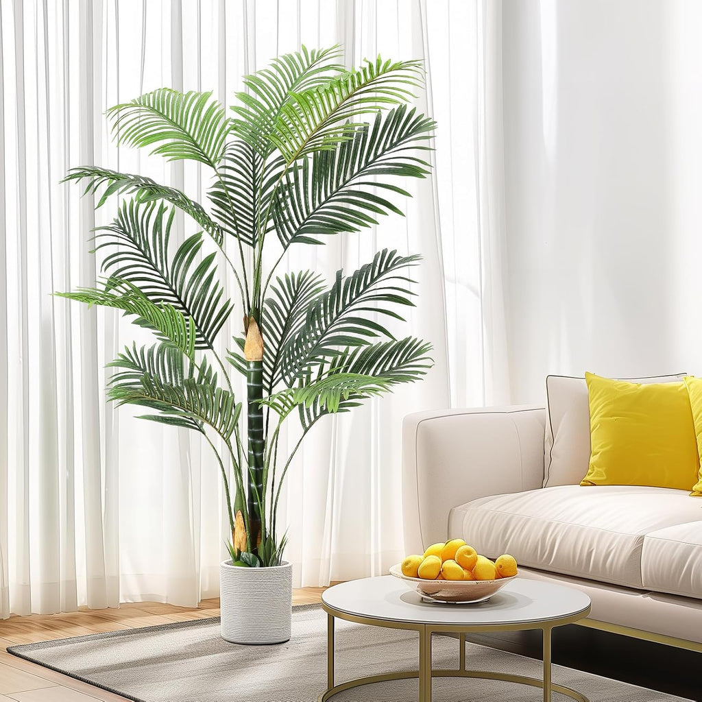 Artificial Palm Tree,6 ft Golden Cane Palm Artificial Tree UV Resistant Fake Plant in Pot Living Room Decor Indoor