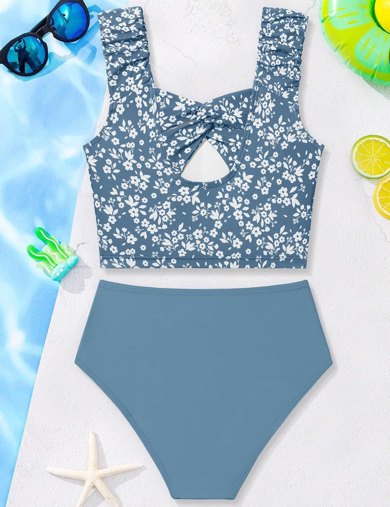 Girls Tankini Swimsuit 2 Piece Bathing Suit Twist Cross Back Cutout Swim Tank Top Floral Print Swimwear