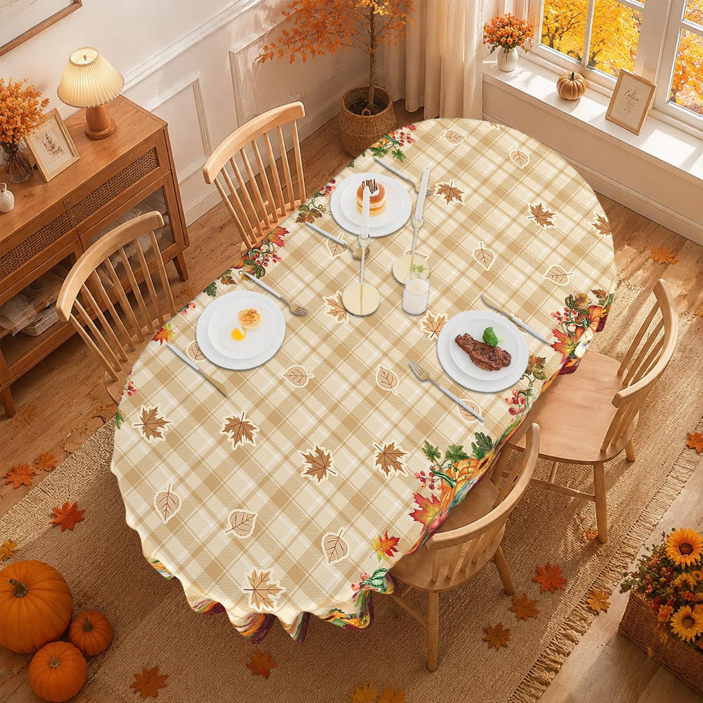 Fall Plaid Oval Tablecloth 60 x 102 Inch, Stain Resistant Washable Fabric Autumn Harvest Pumpkin Table Cloth Oval