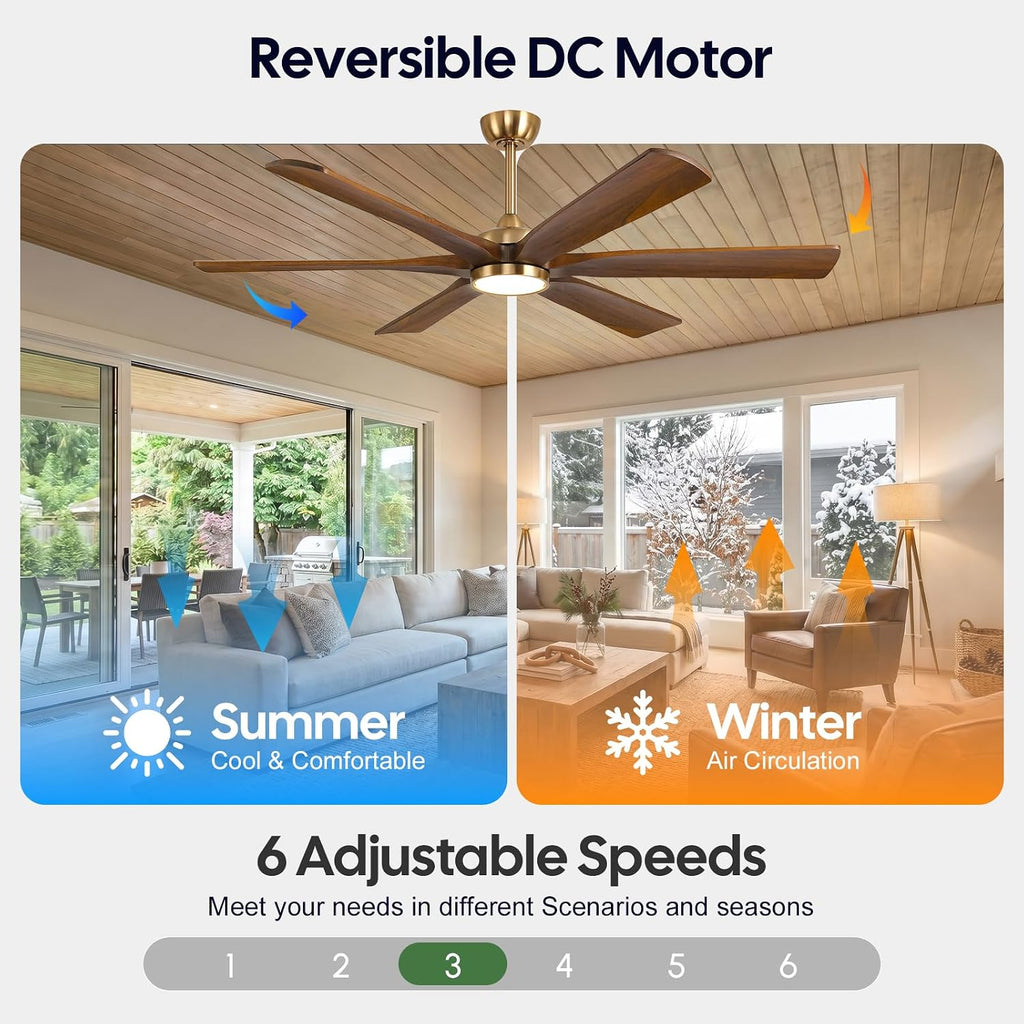 72" Gold Ceiling Fan with Light, 6 Solid Walnut Wood Blades, Remote