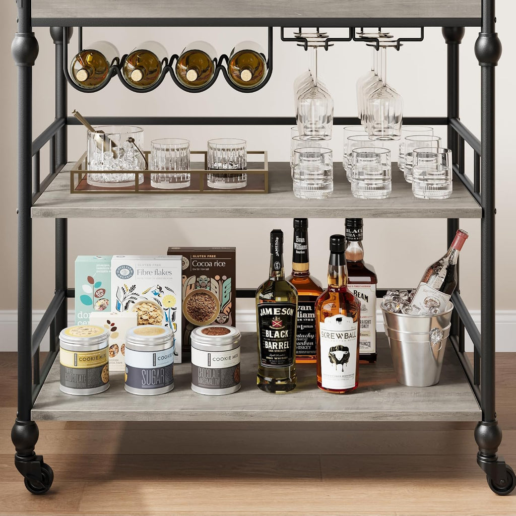 Bar Cart, Bar Carts for The Home, 3 Tier Serving Cart with Wheels, Home Bar & Serving Carts, Metal Rolling Cart with
