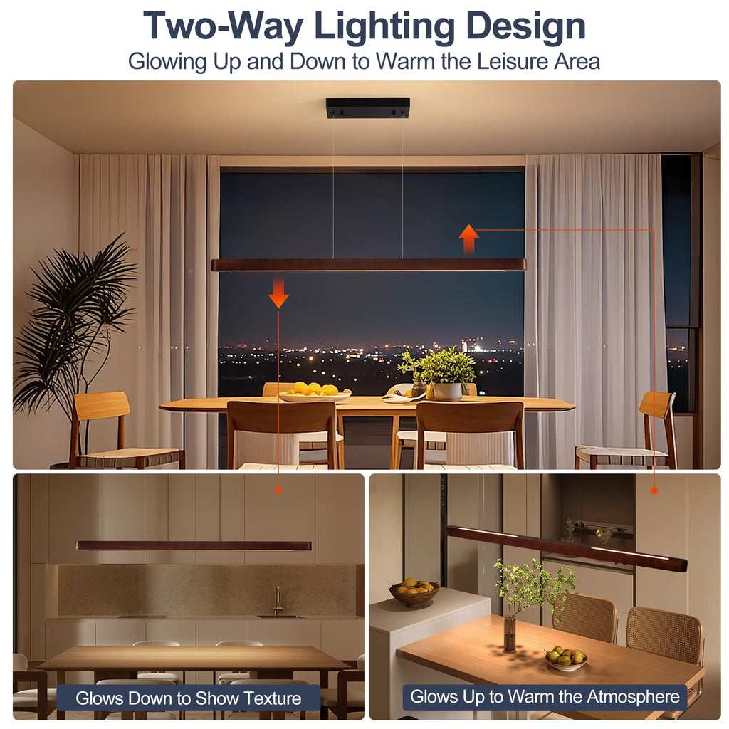 43" Wood Linear Pendant Light, Dimmable Kitchen Island Lighting with Remote, 24W LED Hanging Pendant Light